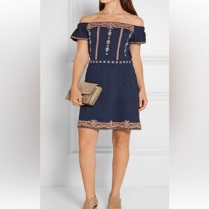 Tory Burch Off-Shoulder Navy Dress with Orange Embroidery